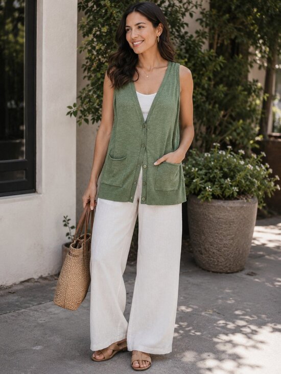 Eileen Fisher Sweaters - Eileen Fisher Green Linen Sweater Vest Cardigan Lagenlook Minimalist Sz. S
